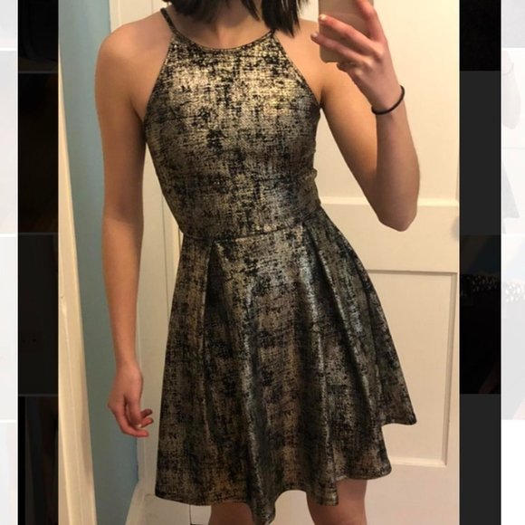 Soprano Womens Metallic Fit & Flare Mini Dress Spaghetti Strap Gray Black Size L - Picture 1 of 7